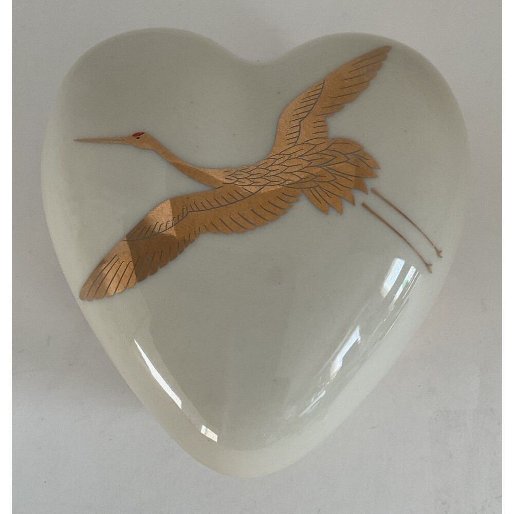 Vintage Takahashi Golden Crane Porcelain Heart Shaped Trinket Box